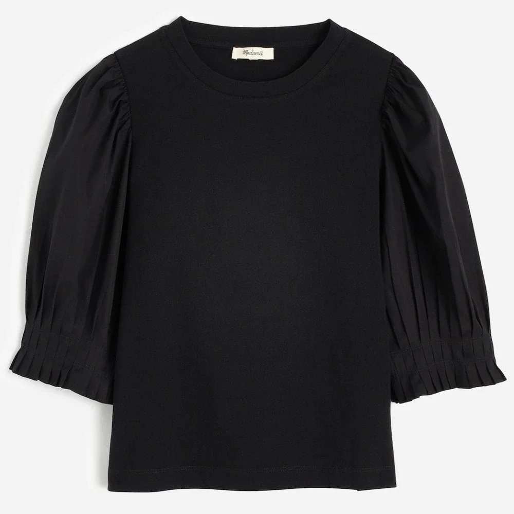 Madewell Top Women XXS Black Puff Sleeve Knit Top Pleated Cuff Dark Academia NWT